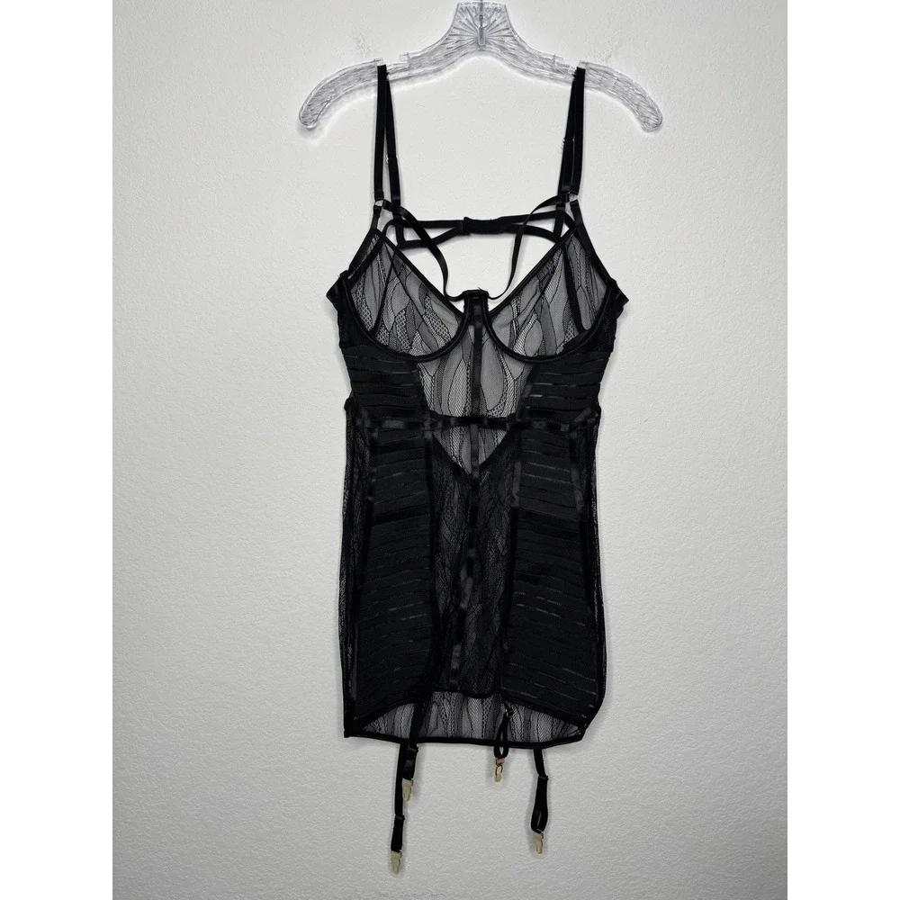 Dreamgirl Black Lace Mesh Underwire‎ Chemise Dress Garter Lingerie Womens Size L